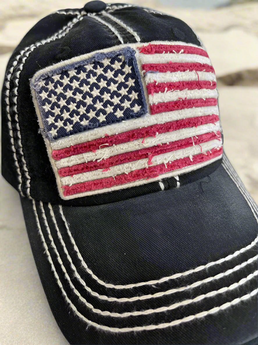 American Pride Hat with Embroidered Chenille Patch Close Up View