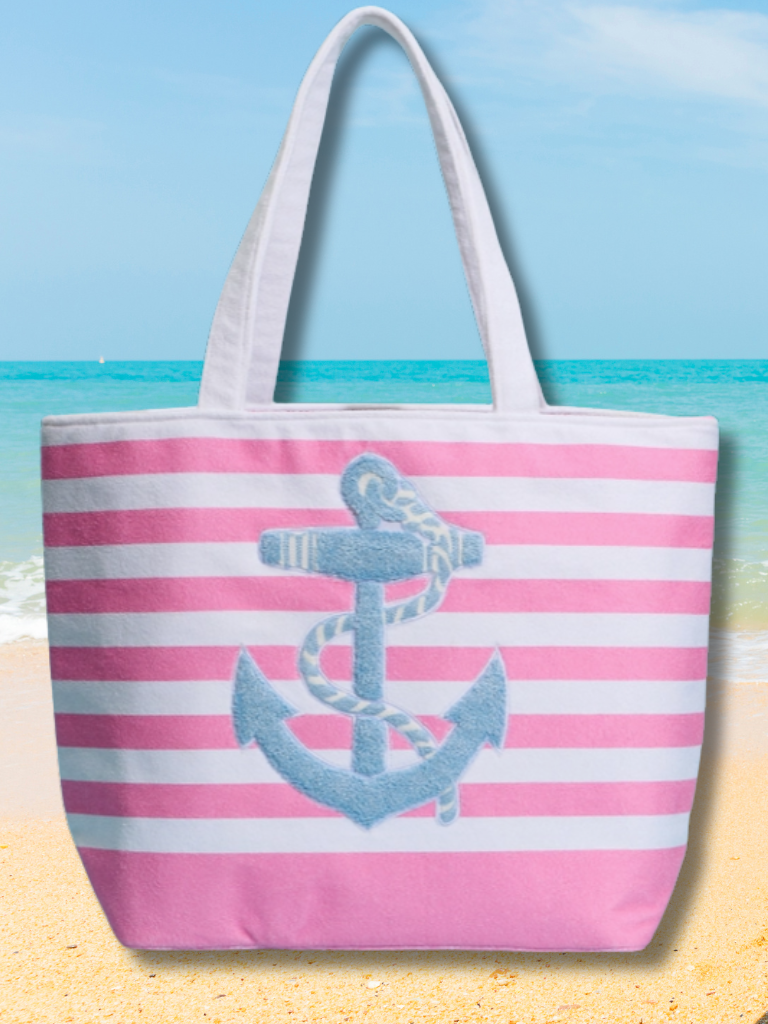 Anchored in Pink Beach Tote Bag with a Chenille Blue Anchor Embroidered on to Bag, Full Front View