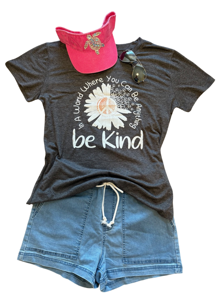 Be Kind - Peace & Daisy Floral Graphic Crewneck Tee, Flat Lay Front View with Turtle Rhinestone Visor and Weekend Wanderer Shorts