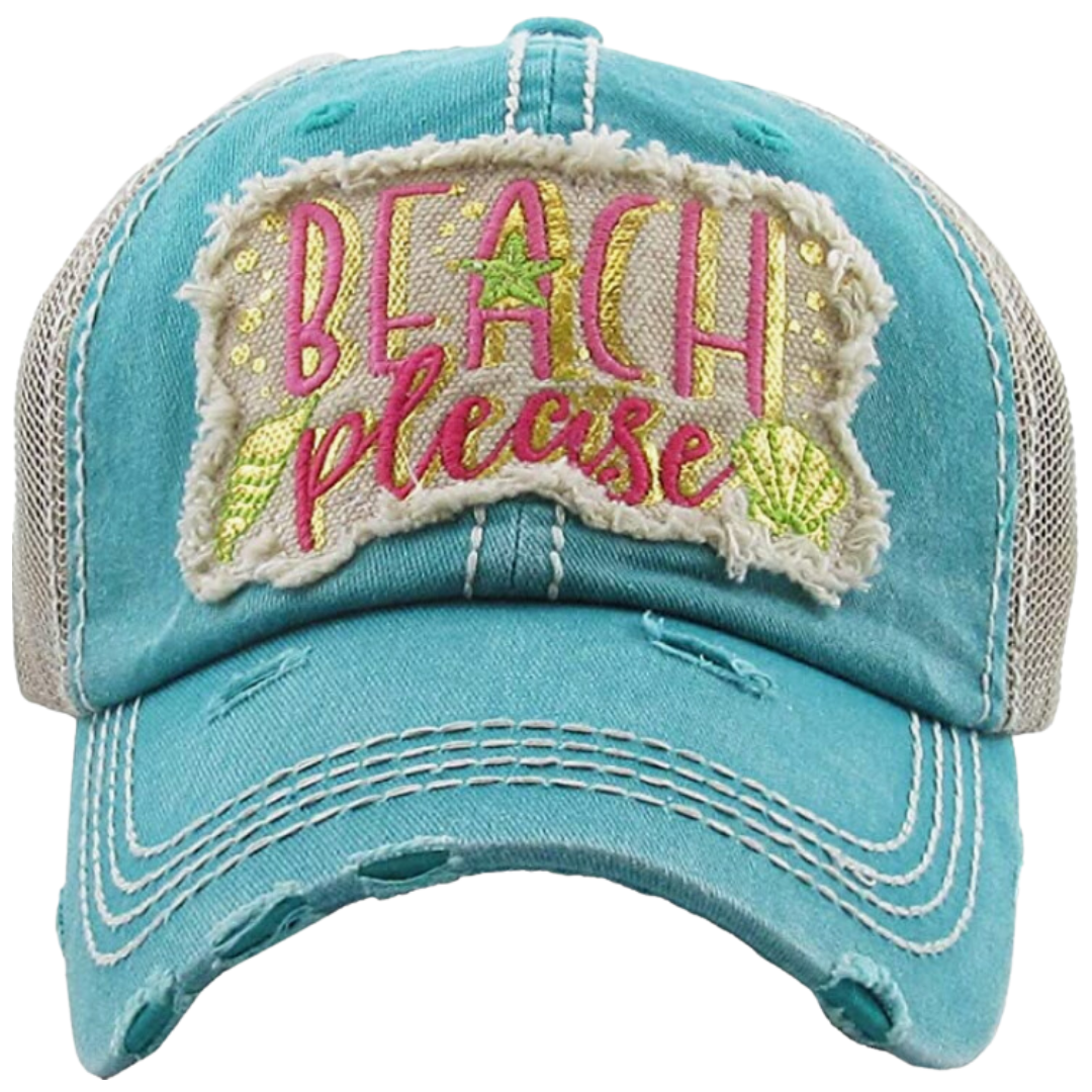"Beach Please" Vintage Patch Ladies Hat with Embroidery. One Size Fits Most, Velcro Adjustable Strap. Distressed Look. Color: Teal
