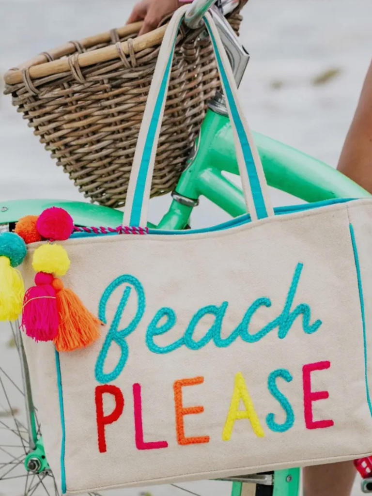 Beach Please Tote Bag with Bike in Background