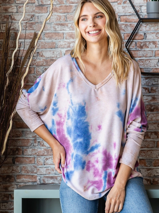 Ladies Long Sleeve, Blue and Plum Tie Dye, V-neck, Relaxed Fit Tee. Shown Untucked. Front View