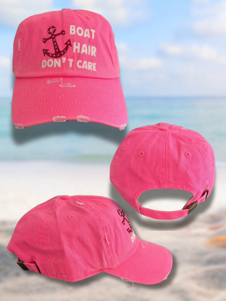 Boat Hair Don't Care - Distressed, Embossed, Ladies Hat with Anchor Detail in Vintage Neon Pink with Iridescent Rhinestones on Anchor Detail. View shows Front Side, and Back.