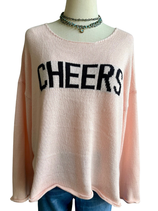Cheers Ladies Sweater Front View with Sand and Sky Necklace and Sea Green and Grey Long Necklace