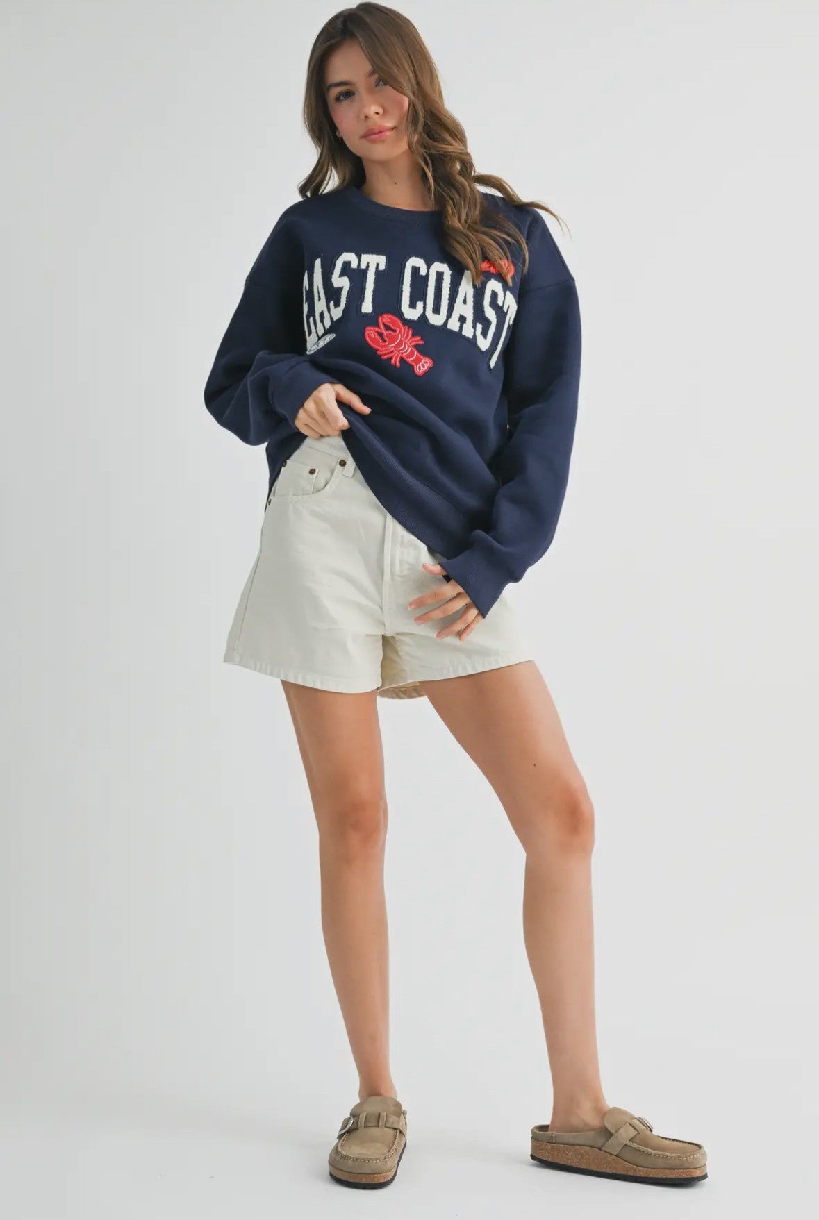 East Coast Lobster Crew, Appliqué, Ladies Sweatshirt, Full Front View of Model Standing