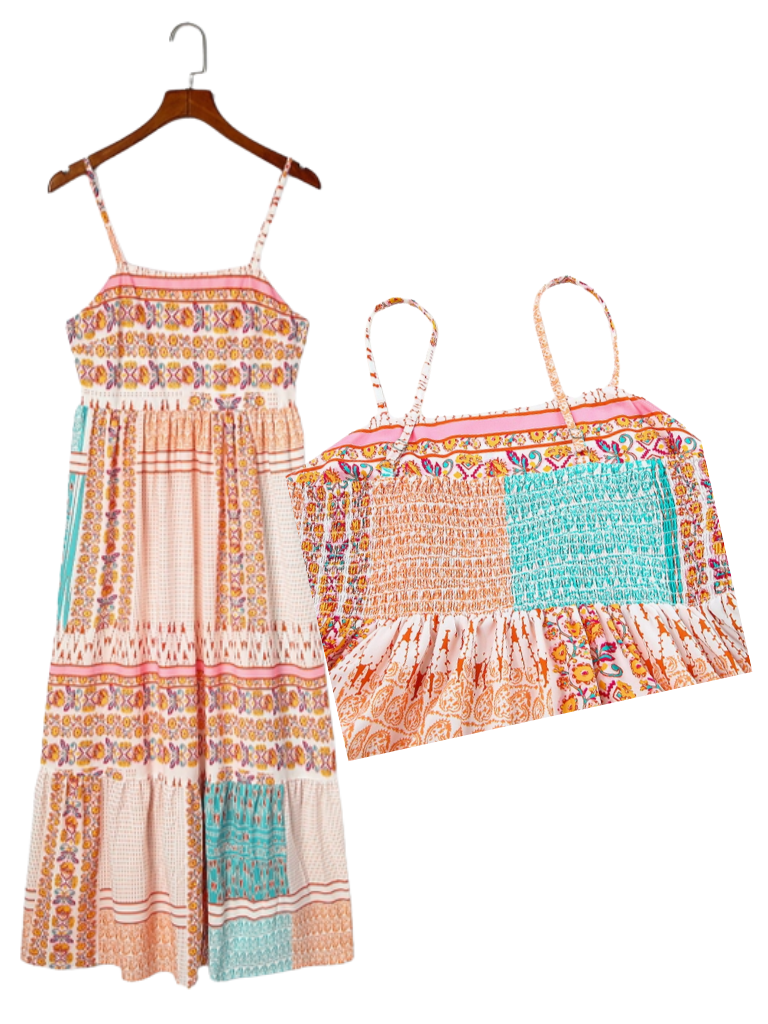 Boho Patchwork Print Maxi Sundress on Hanger and Close Up of Stretch Shirred Panel