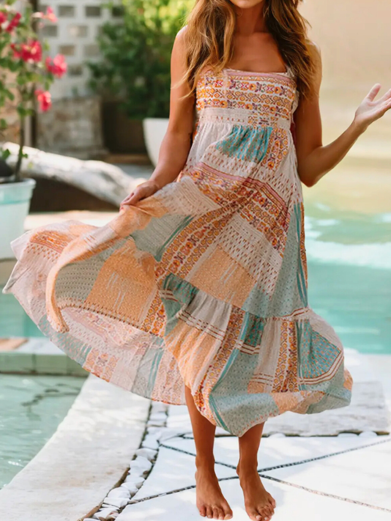 Boho Patchwork Print Maxi Sundress M Boho Patchwork Print Maxi Sundress M