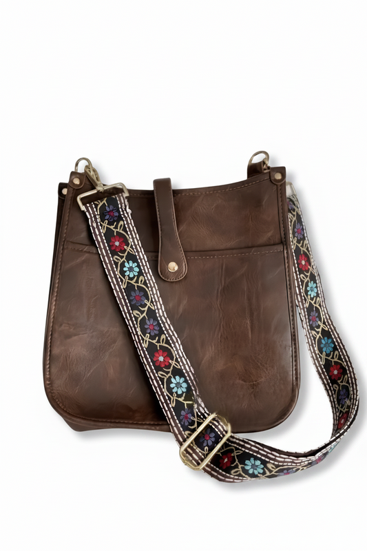 Flower Power Crossbody Embroidered Detachable Guitar Strap on Brown Purse