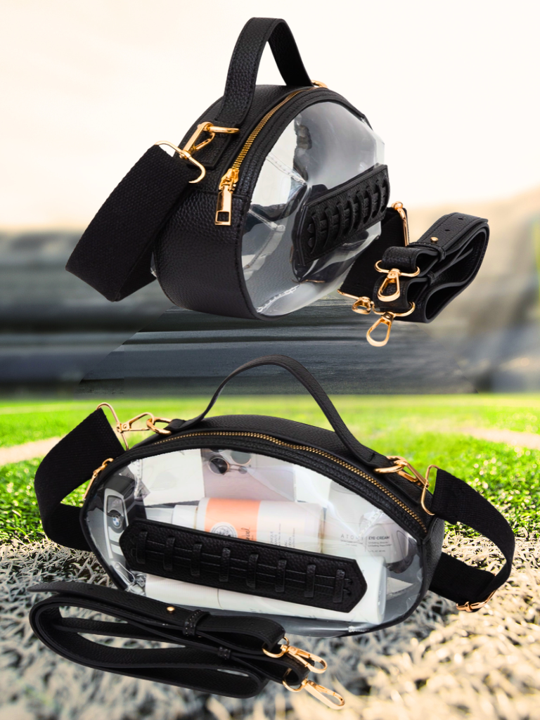 Football Shaped Clear Crossbody Purse with Interchangeable Strap Capability.  Two different views