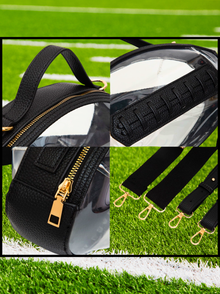 Football Shaped Clear Crossbody Purse with Interchangeable Strap Capability. Detailed views of zipper, shandle, football lacing, and straps.