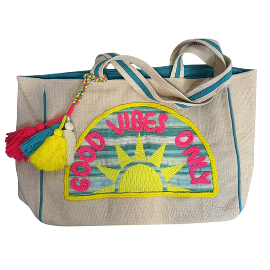 "Good Vibes Only" - Sunshine Patch Beach Tote Bag. Laying Flat.