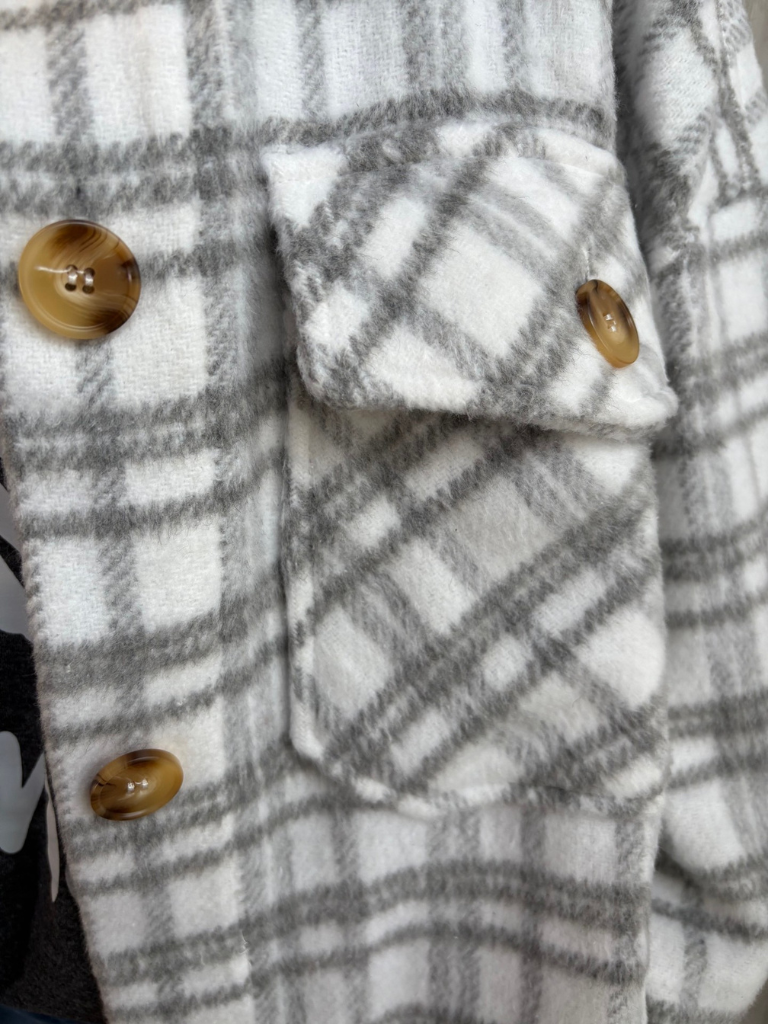 Grey Plaid Cozy Womens Shacket Pocket Closer Up