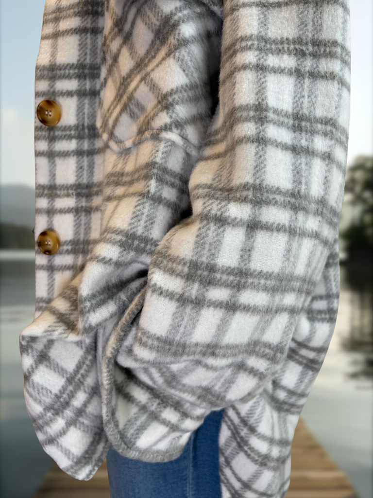 Grey Plaid Cozy Women Shacket Side View Closer Up