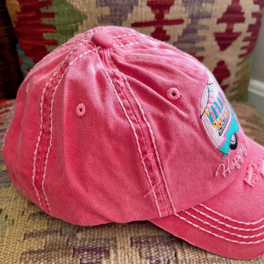 "Happy Camper" - - Vintage Look Embroidered, Low Profile Ladies Hat Side View