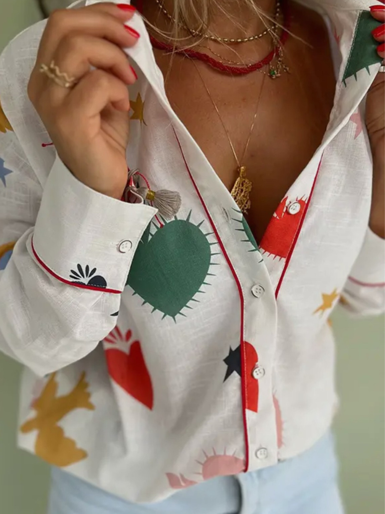 Hearts and Stars Long Sleeve Blouse Close Up View
