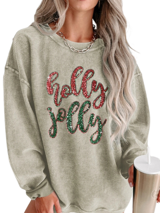 Holly Jolly Corded Sweatshirt with Sequin Graphic
