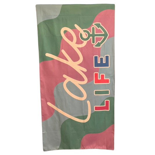 "Lake Life" - Double-sided , Quick Dry, Microfiber Beach Towel. Front View.