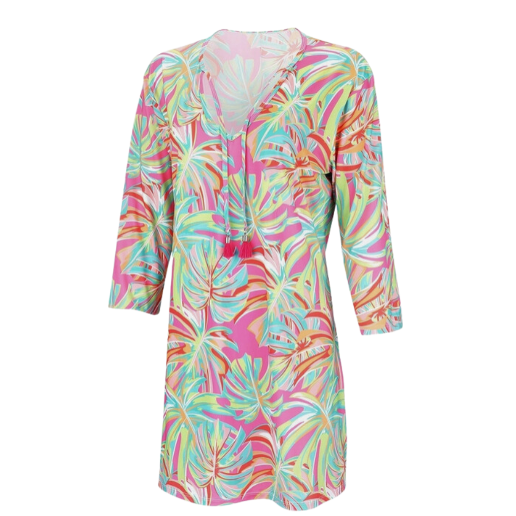 "Let's Get Tropical" - Ladies Swimsuit Cover-Up and Tunic Dress. 3/4 Sleeves and Decorative Tassles