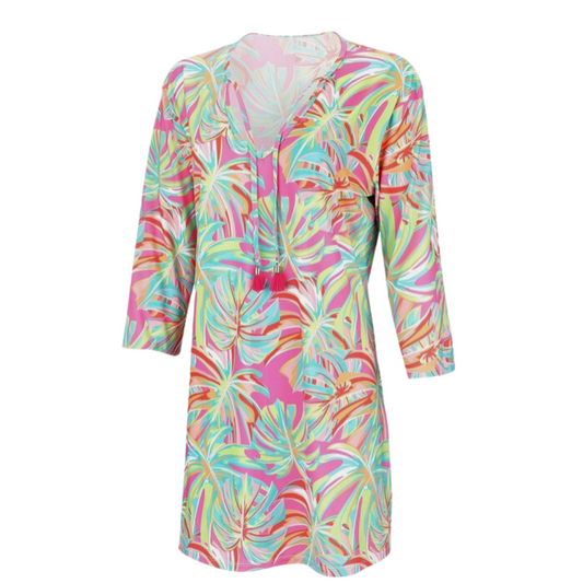 "Let's Get Tropical" - Ladies Swimsuit Cover-Up and Tunic Dress. 3/4 Sleeves and Decorative Tassles
