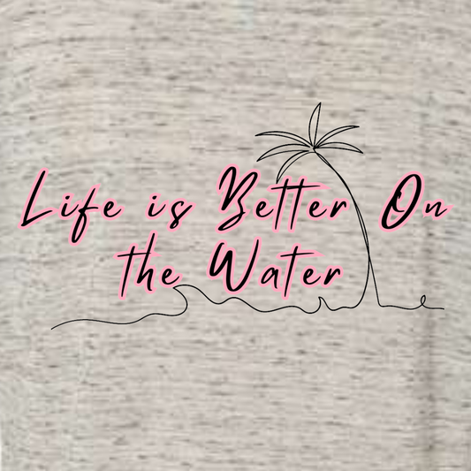 "LIfe is Better on the Water" - Ladies Oversized, Flowy, Off the Shoulder Tee Close Up View