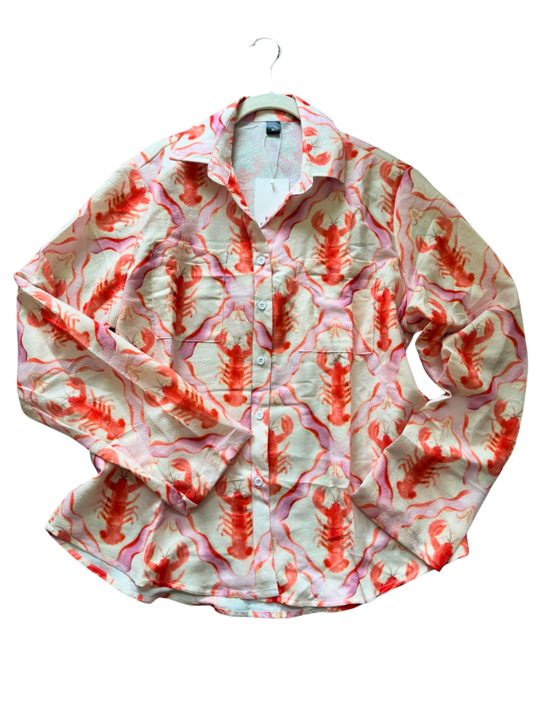 Lobster Print Button-down Ladies Blouse Flay Lay View