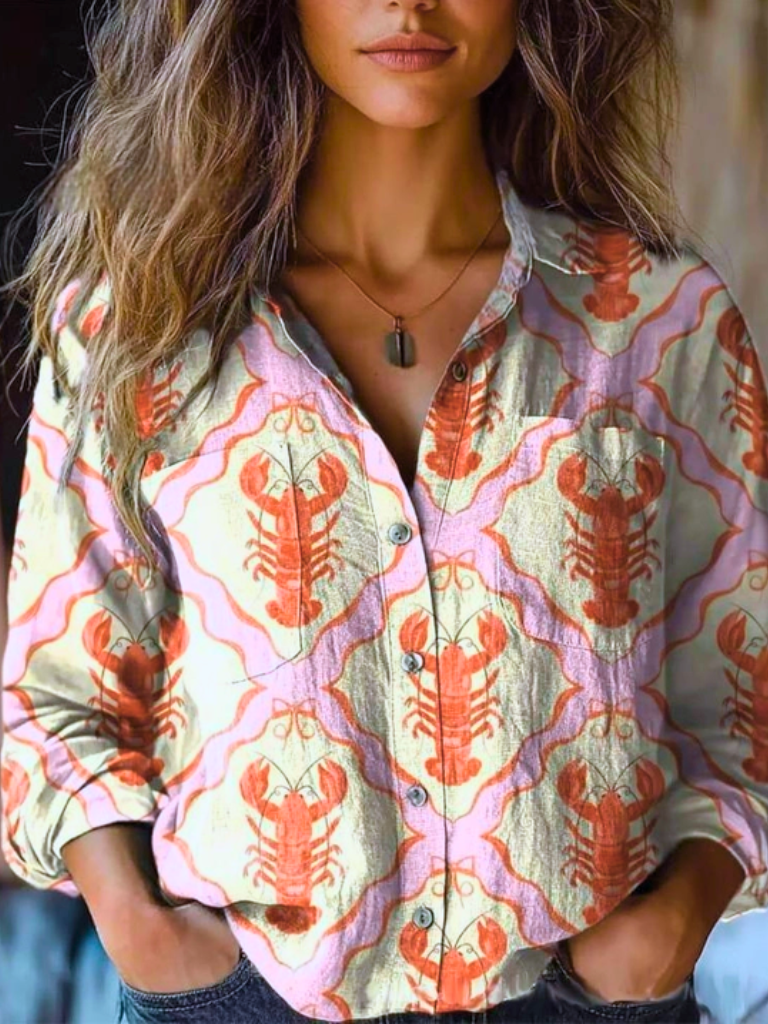 Lobster Print Button-down Ladies Blouse on Model, Front View