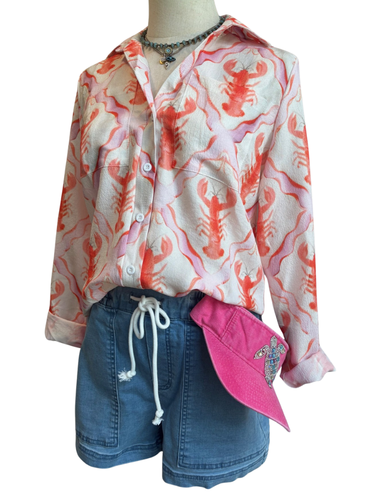 Lobster Print Button-down Ladies Blouse on Form with Weekend Wanderer Short, Turtle Love Visor and Necklaces on Form
