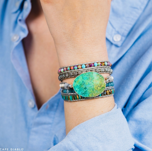 Ocean Jasper Protection Boho Wrap Bracelet, on Model's Wrist