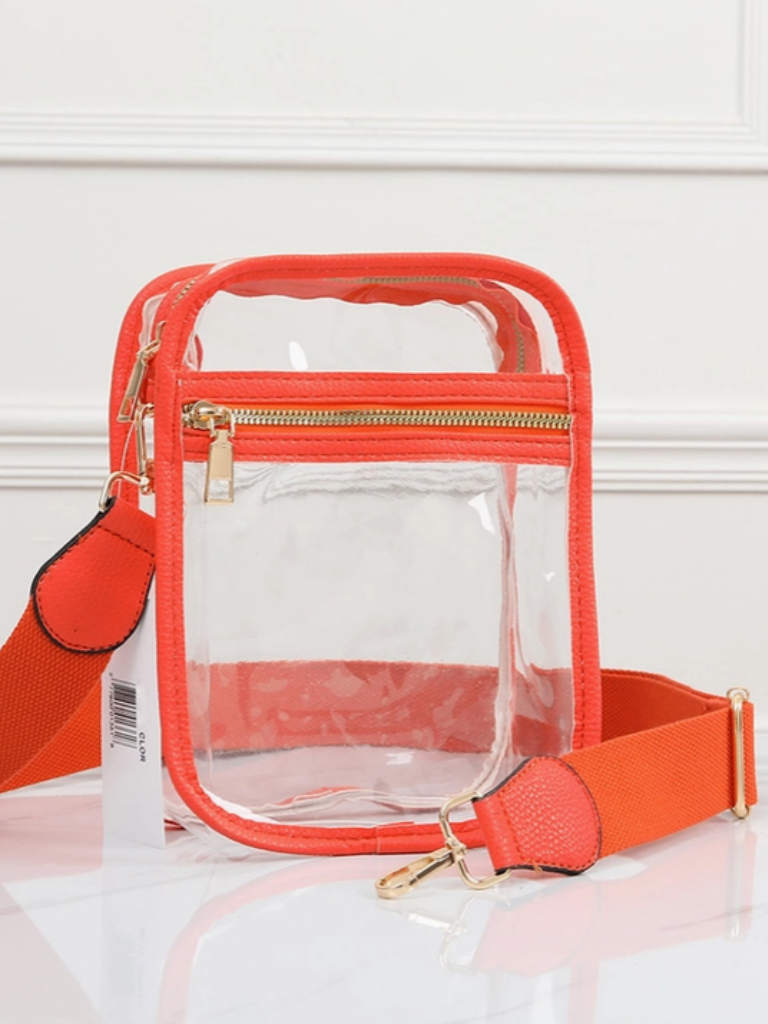 Orange Clear Bag with Strap Attached, Front View Shows Zipper Pocket