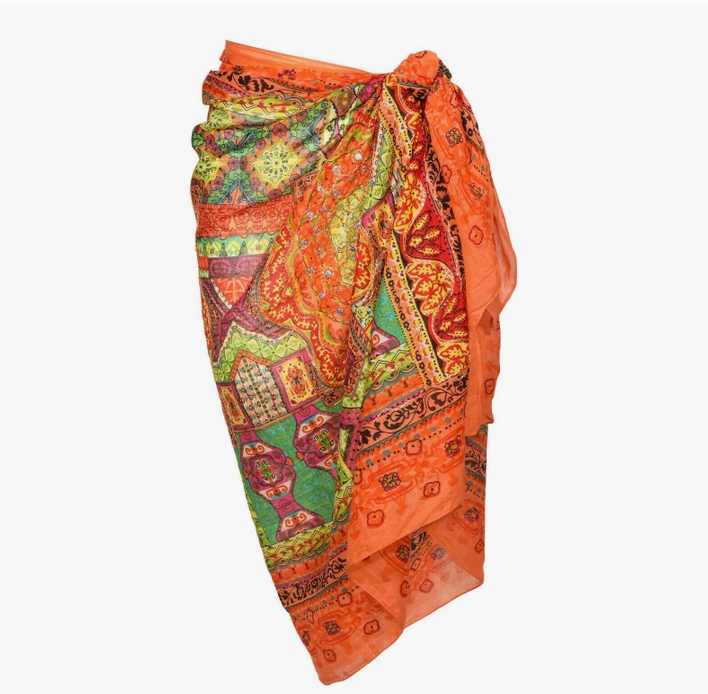 Orange Metallic Beach Wrap - Cotton, Boho Sarong. Tied on the Side.