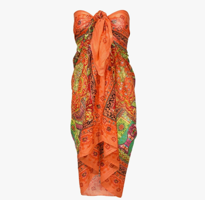 Orange Metallic Beach Wrap - Cotton, Boho Sarong. Shown as a Halter Dress. Sequin Details