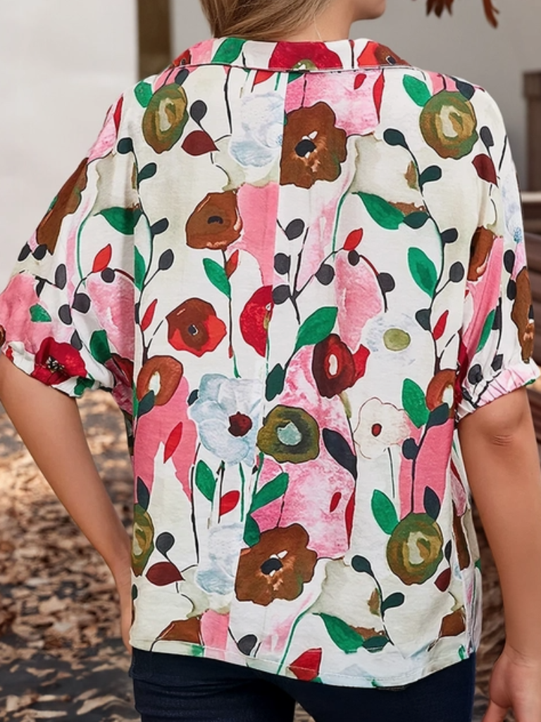 Poppies Floral Print Slit V-neck Short Sleeve Blouse Back View on Model