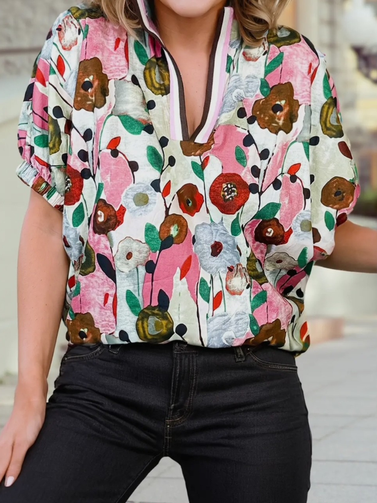 Poppies Floral Print Slit V-neck Short Sleeve Blouse Front View on Model