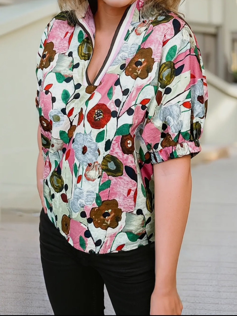Poppies Floral Print Slit V-neck Short Sleeve Blouse Angled View on Model