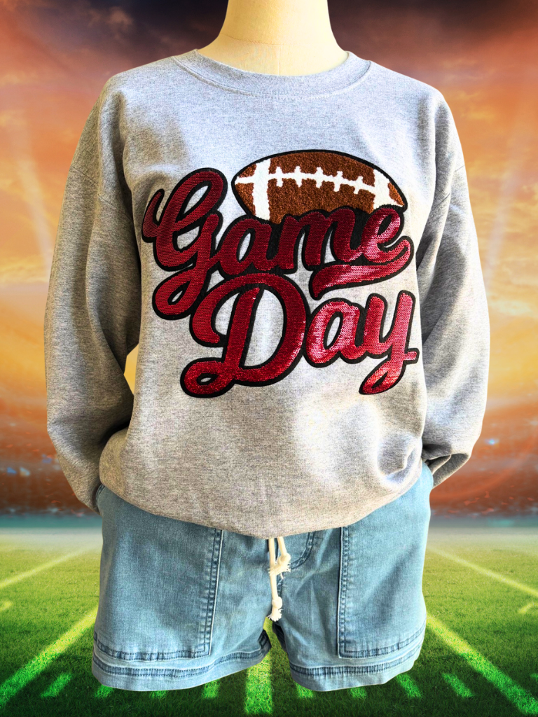 Red Sequin "Game Day" Lettering & Chenille Football Patch, Crewneck Sweatshirt in Sport Grey, Shown on a Form, Full Front View, Also wearing our Weekend Wanderer Shorts.