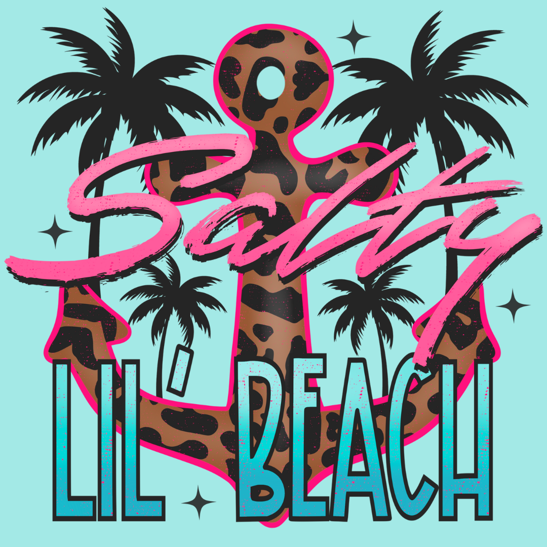 "Salty Lil' Beach" - Ladies Ideal V-Neck Short Sleeve Tee. Leopard print anchor and bright colors. Close Up Image