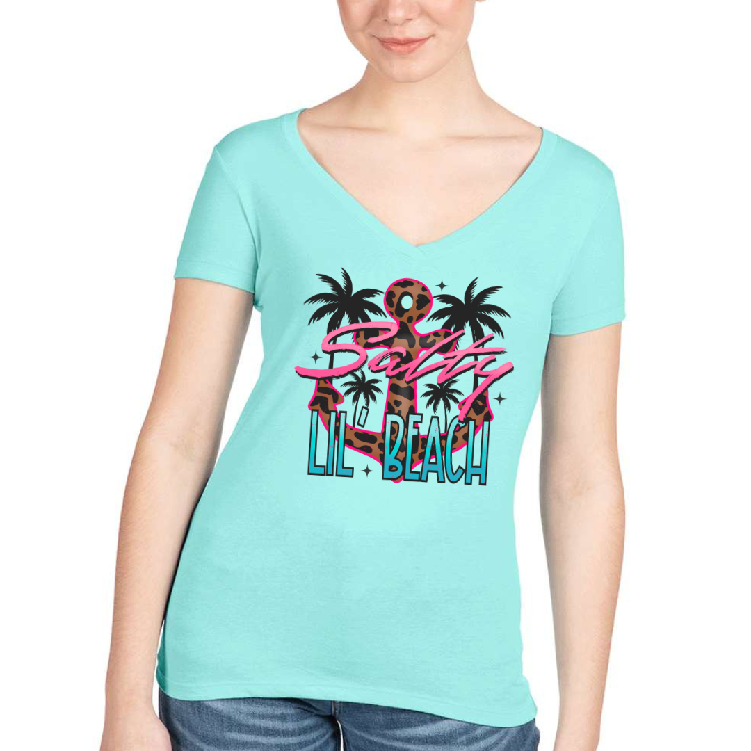 "Salty Lil' Beach" - Ladies Ideal V-Neck Short Sleeve Tee. Leopard print anchor and bright colors. Front view