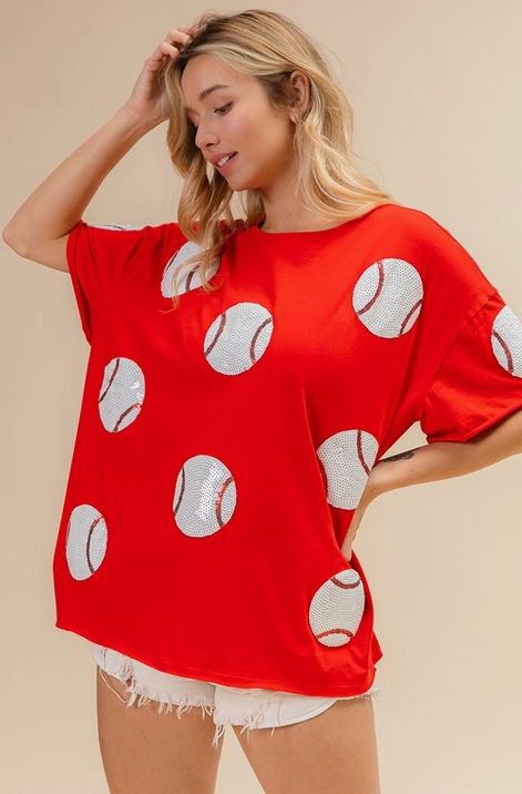 Sequins Baseball Patch Short Sleeve Oversized Tee Front View on Model