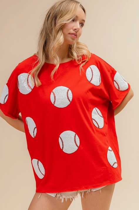 Sequins Baseball Patch Short Sleeve Oversized Tee Front View on Model