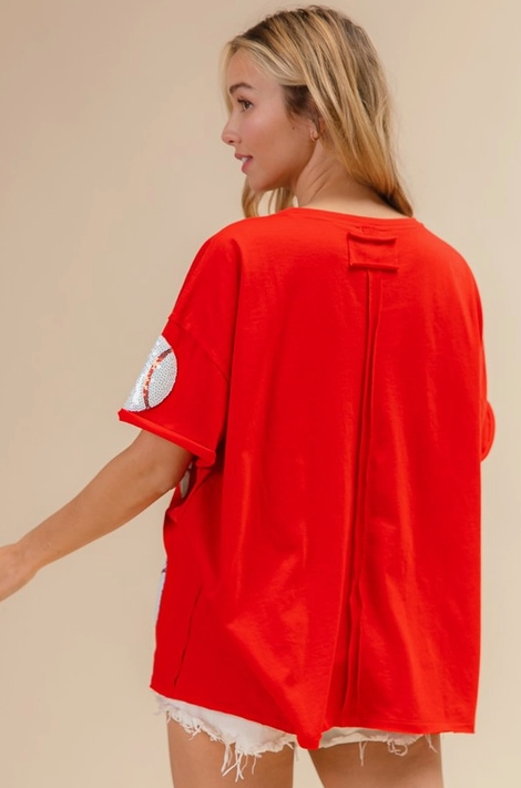 Sequins Baseball Patch Short Sleeve Oversized Tee Front View on Model Back View