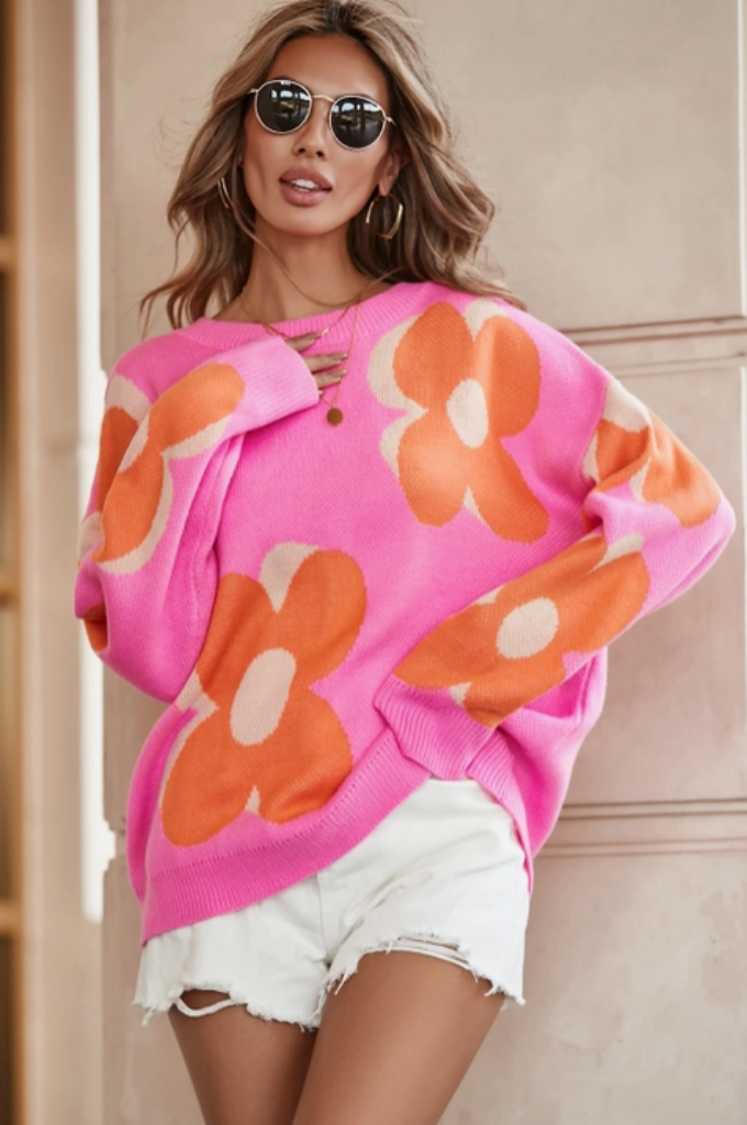Ladies Flower Print Slouchy Sweater - Pink and Orange – Salty Soul Ladies Flower Print Slouchy Sweater - Pink and Orange – Salty Soul