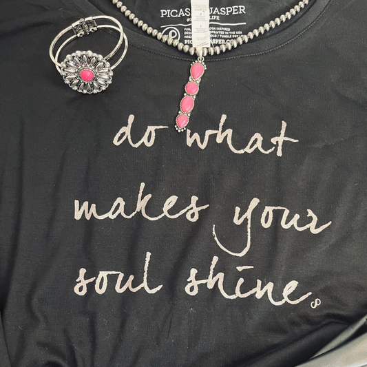 "Do What Makes Your Soul Shine" - Oversized, Flowy, Off the Shoulder Tee. Close Up with Bracelet and Necklace