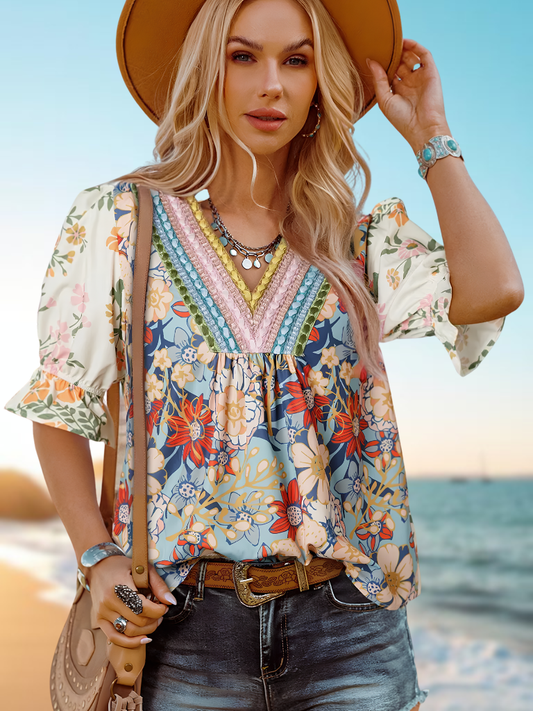 Sunset Bloom Crochet Trim Boho Blouse On Model Front View Wearing Cowboy Hat