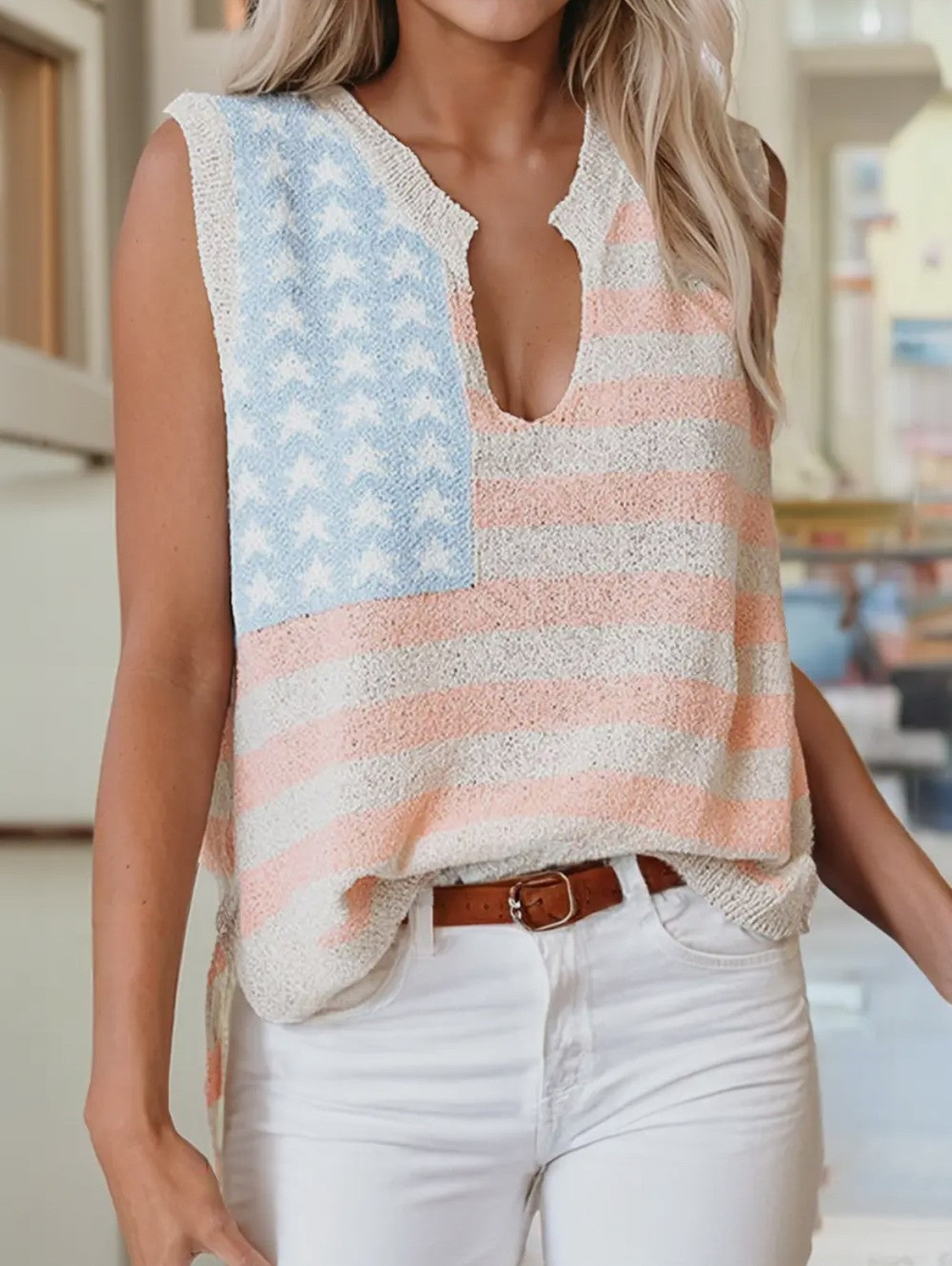 U.S.A. Flag Notched V-neck Loose Sleeveless Sweater