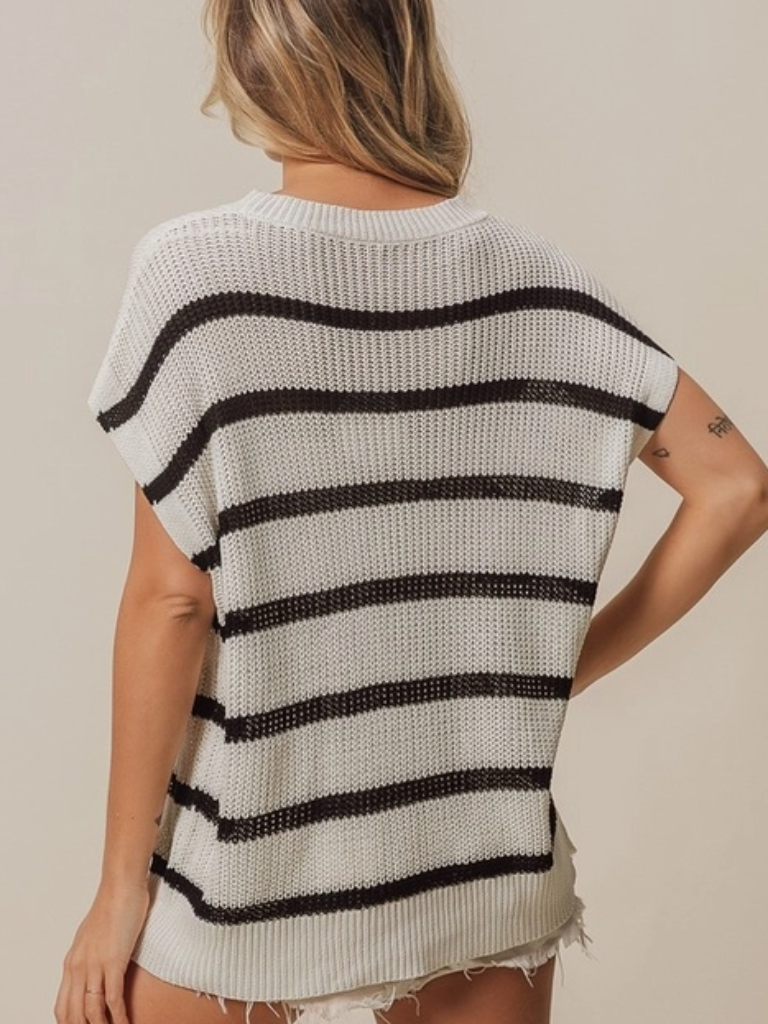 Vacay Mode Striped Drop Shouldef Sweater on Model Back View