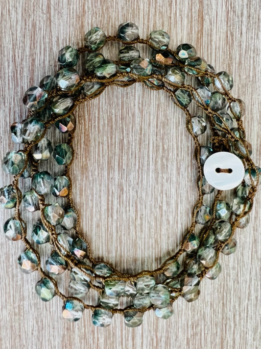 Sea Green and Grey Long Crystal Strand Necklace. Shown as a Bracelet