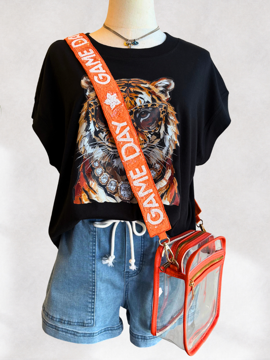 Who Dey Glam Tiger Tee on Form wearing the Weekend Wanderer Boat Shorts with a Stadium Purse and Beaded/ Sequin Strap
