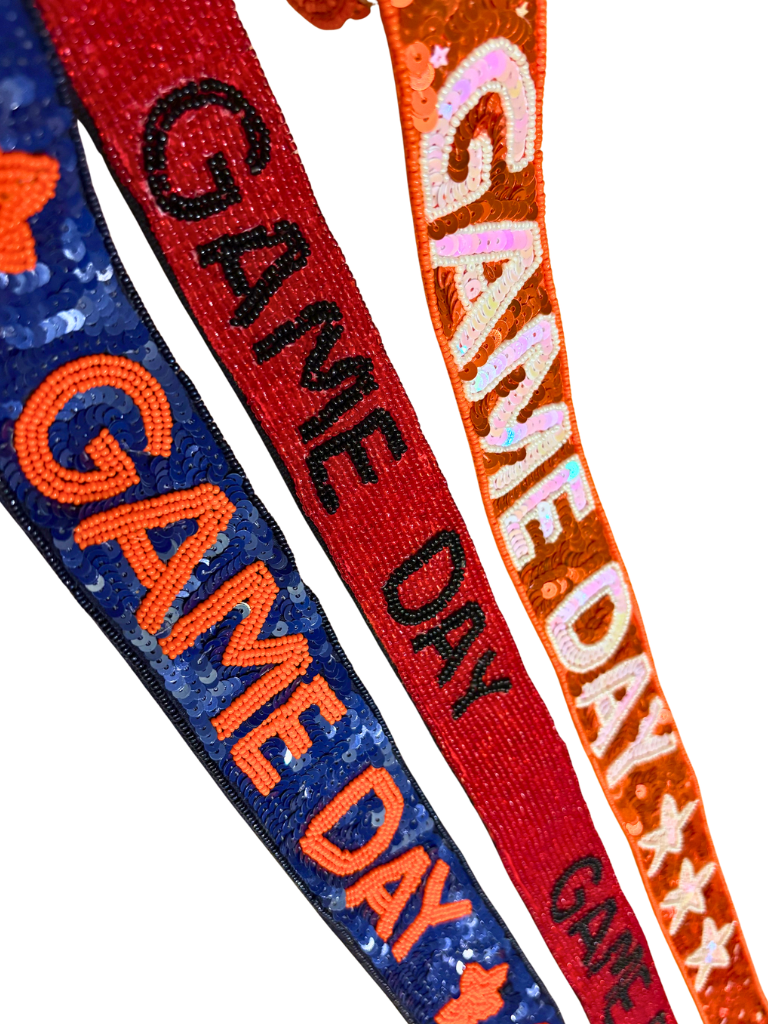 Removable Purse Straps, Sequins and Seed Beads, 3 Different Straps Close Up. All say 'Game Day', Blue with Orange, Red with Black, and Orange with White.