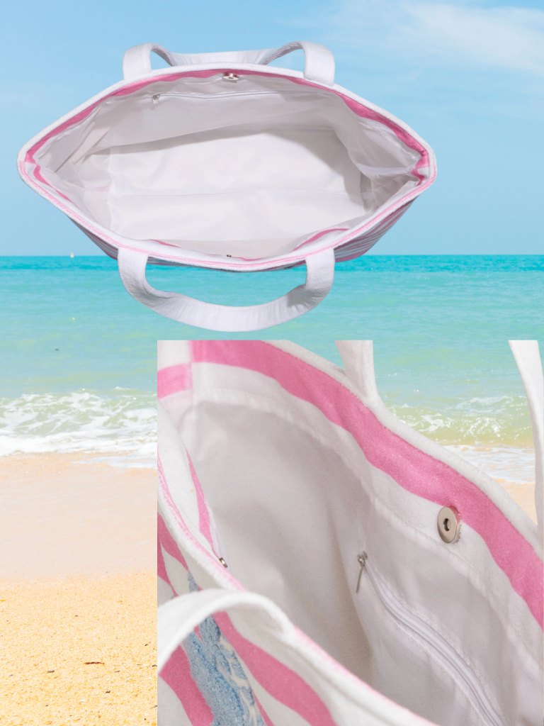 Anchored in Pink Beach Tote Bag with a Chenille Blue Anchor Embroidered on to Bag, Interior View Shown, Zipper  Pocket and Magnetic Closure