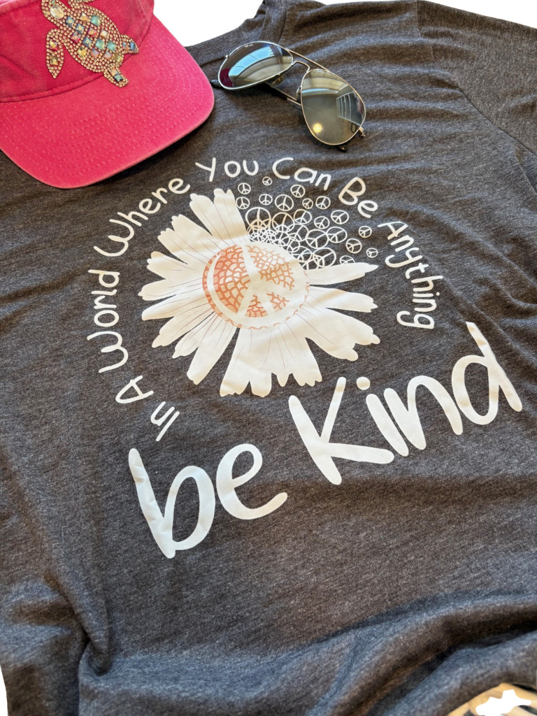 Be Kind - Peace & Daisy Floral Graphic Crewneck Tee Close Up with Turtle Rhinestone Fuchsia Visor 